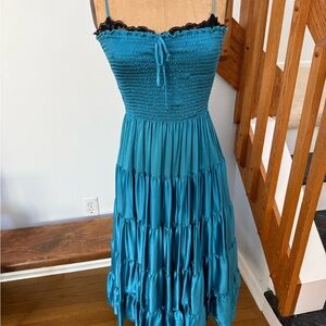Betsey Johnson Teal Tiered Silk Sundress with Black Lace Trim